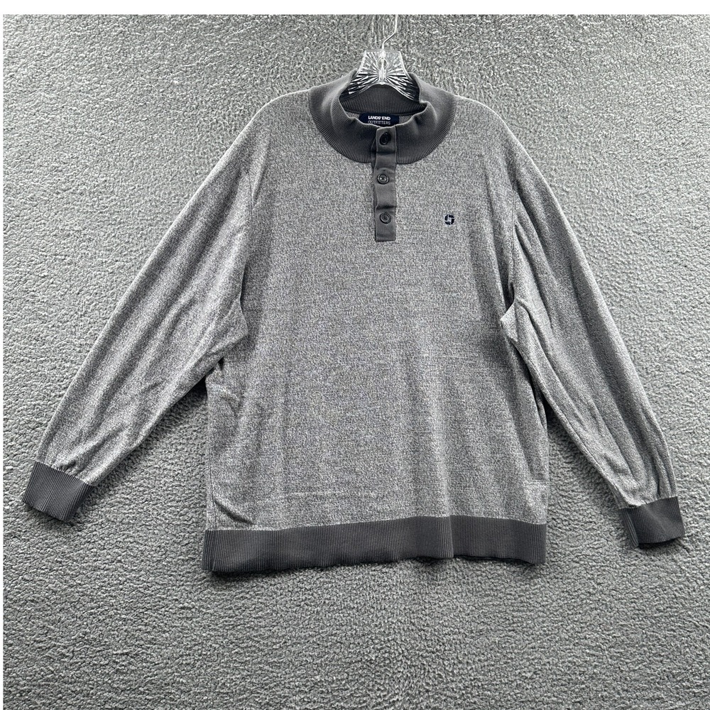 Lands End Mens Mock Neck Henley Sweater 2XL Gray Textured Knit Heritage Fall